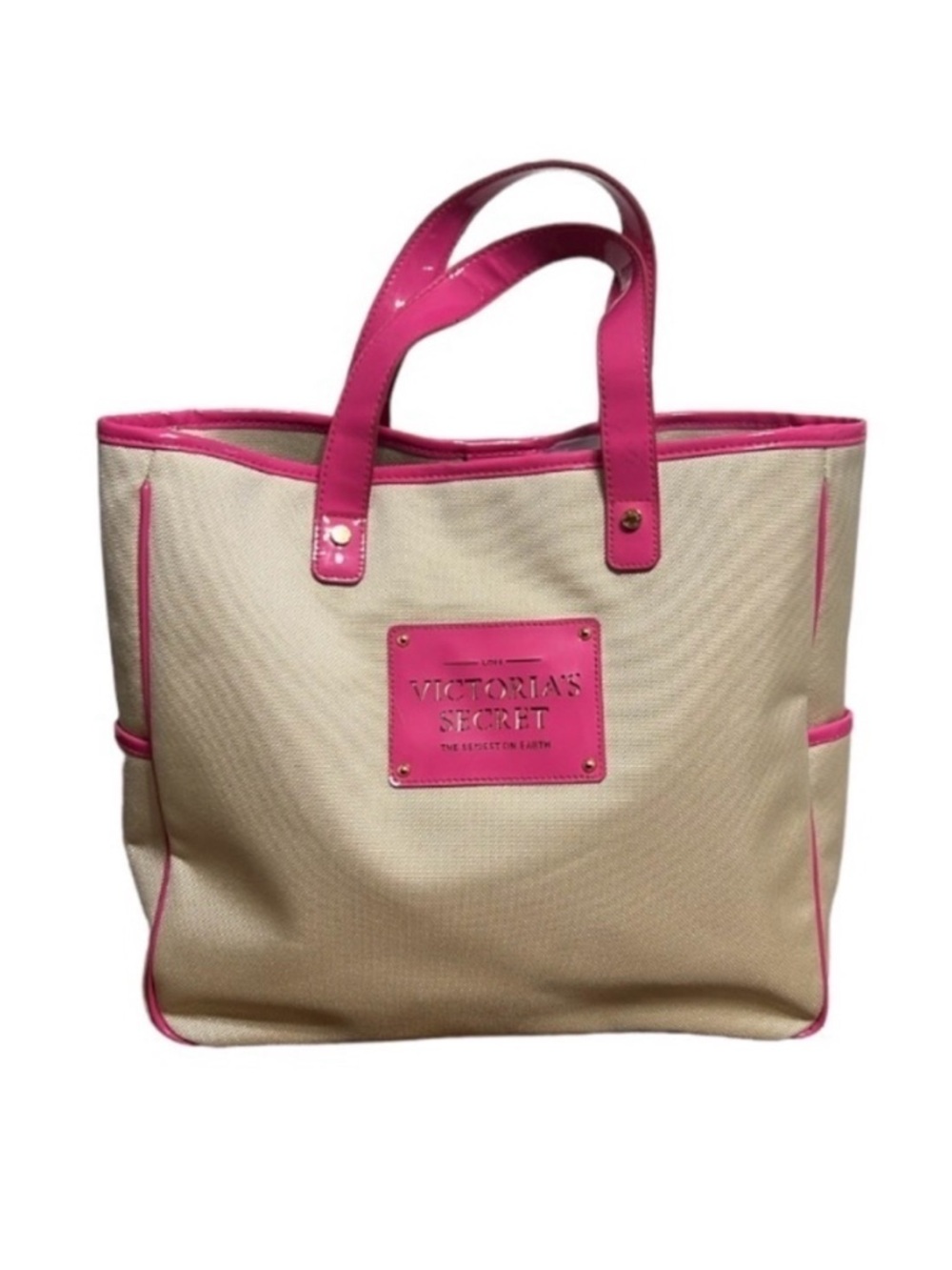 Victoria’s Secret Tote bag snap closure, side pockets, tan canvas / pink patent
